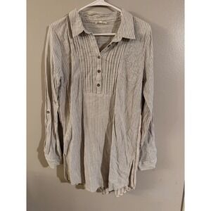 Womens Striped Button Front Tunic Shirt Long‎ Sleeve Roll Tab Casual Top